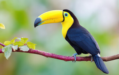 Naklejka premium Vibrant wild animal perched on branch showcases its striking yellow and black plumage. This beautiful bird captivates with its large colorful beak and lively presence in nature