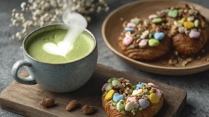 A steaming matcha latte with heart-shaped art sits beside a heart-shaped pastry topped with colorful candy hearts and nuts on a wooden board - Powered by Adobe
