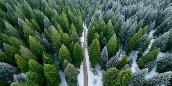 Aerial view of snowy forest road through evergreen trees in winter landscape