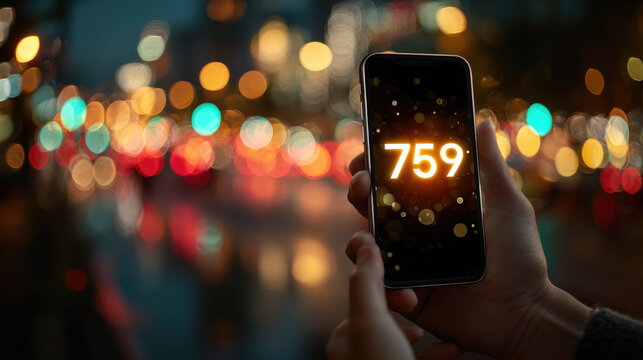 Hands holding a smartphone with a lottery app, a glowing notification about the winning number and jackpot, a bright background