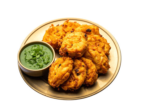 Crispy Indian Onion Pakoras with Green Chutney Dip, isolated on transparent background.