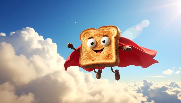 Animated toast slice with arms, legs and a red cape, flying in blue sky above cloud layer, sunny - Powered by Adobe