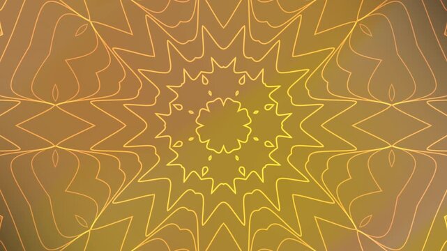 A seamless kaleidoscope background animation featuring glowing golden mandala patterns that rotate smoothly to create a mesmerizing geometric visual. The luminous lines and symmetrical shapes form a h