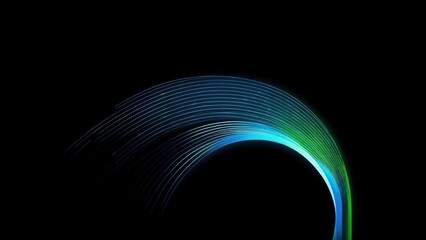 Abstract image of curved, flowing lines in shades of blue and green against a stark black backdrop