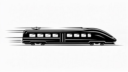 A sleek, speeding passenger train in black and white silhouette, with motion lines
