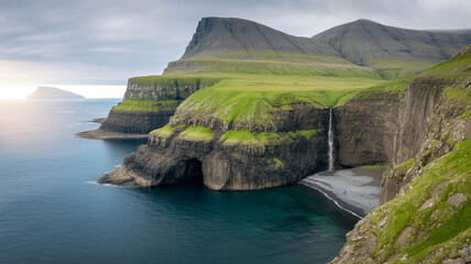 Dramatic coastal cliffs with a waterfall cascading into the sea
