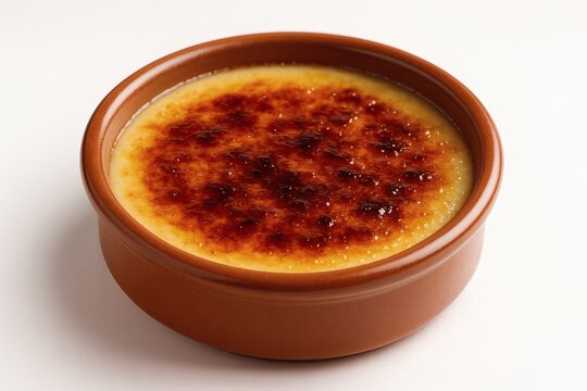 Crema Catalana Delight on White Background. Silky Citrus-Caramel Harmony, Artisan Dessert Craft, Signature Sweet Imagery