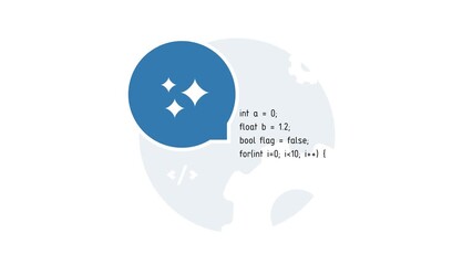AI coding assistant animation. Developer productivity with auto-generated code snippets, smart variables and loop logic in clean 7-second 2D motion graphic for 2026 ai dev tools and tech tutorials