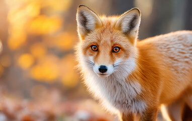 Naklejka premium Beautiful wild fox stands gracefully in forest, showcasing its vibrant orange fur and striking eyes. This captivating animal embodies essence of nature beauty and wild spirit