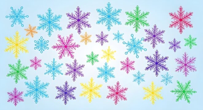 A vibrant and colorful collection of diverse snowflake patterns and designs scattered across a soft blue background
