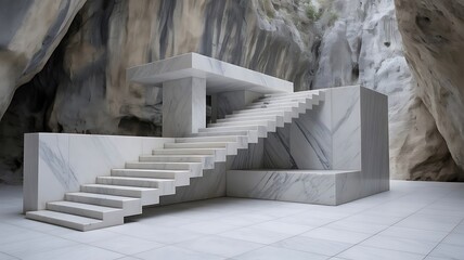 Obraz premium White marble staircase and platform in a cavernous rock formation architecture minimalist