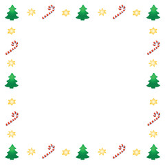Vector frame of candy canes, stars, Christmas trees. New year Xmas background, border for winter holidays decor, greeting cards