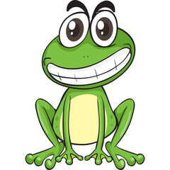 Cartoon Green Frog With Big Grin And Wide Eyes Sitting Happy Expression Isolated On White Background Simple Illustration