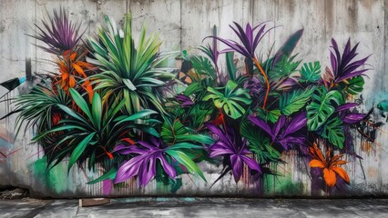 Vivid tropical flora mural on aged concrete wall, showcasing vibrant colors and intricate details