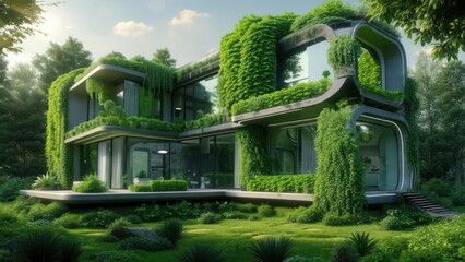 Modern, eco-friendly dwelling, covered in lush greenery and seamlessly blending with nature