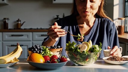 Healthy eating habits with fresh fruits and vegetables in a cozy kitchen setting during daylight hours