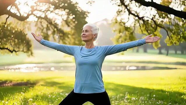 A graceful senior woman in activewear embraces the sun in a peaceful park. High-quality 4K footage ideal for themes of wellness, mindfulness, active aging, and nature.