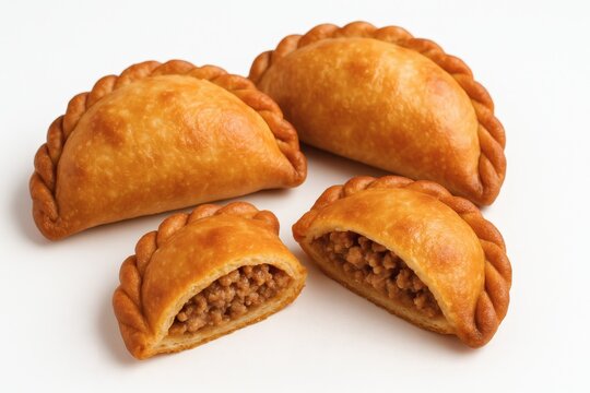 Golden Empanadas Delight on White Background. Exquisite Handmade Pastry Fusion, Artisan Flavors, Culinary Signature Imagery