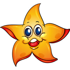 Cheerful cartoon star with wide smile and blue eyes with orange and yellow gradient colors and red outlines on transparent background.