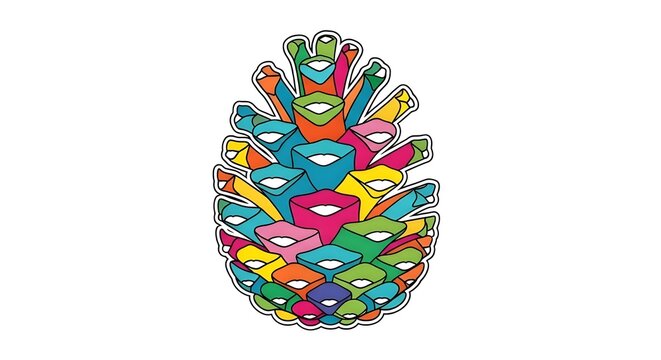 Colorful abstract pinecone with many small faces hidden within its scales