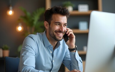 Portrait of positive confident young freelancer male talking on mobile phone sitting at desk with desktop computer at home office. Handsome business man having conversation on smartphone at workplace.