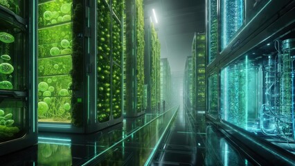 Inside a futuristic vertical farm with glowing, neatly arranged rows of green plants