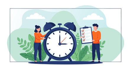 Business meeting about time management and planning using a checklist and a clock in a modern flat design with natural elements on background