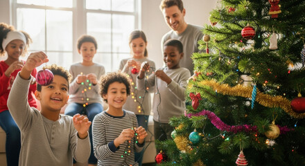 Joyful multi-ethnic family decorating a Christmas tree with lights and ornaments together in a bright, cozy living room.