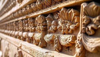 Close-up view of a textured stone wall featuring repeating patterns of carved faces and decorative floral elements.