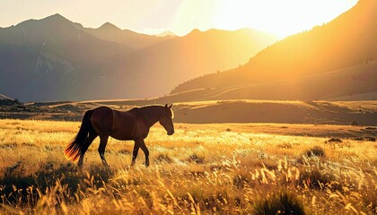 A solitary brown horse walks through a sun-drenched field of tall grass, with rolling hills and mountains silhouetted against a vibrant sunset sky.