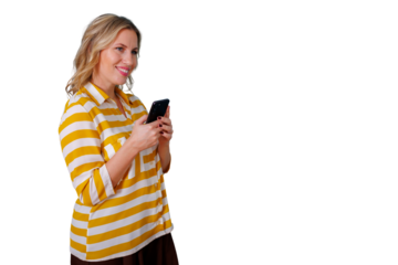 Blonde woman happily texting on a mobile phone, using social media or browsing online with a clear transparent background
