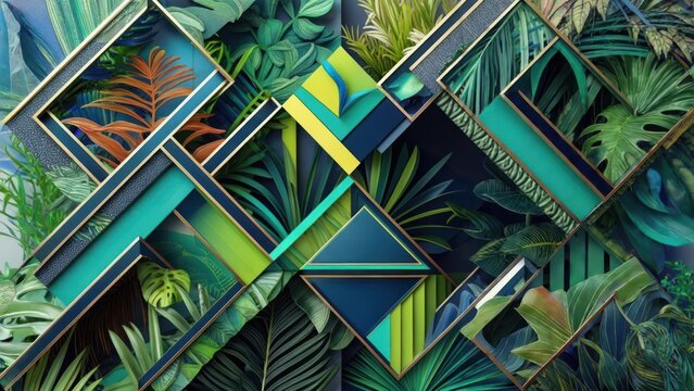 Abstract geometric composition featuring lush tropical foliage in overlapping, jewel-toned frames