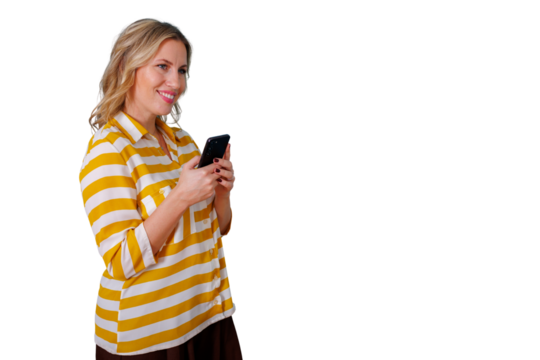 Blonde woman happily texting on a mobile phone, using social media or browsing online with a clear transparent background