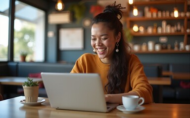 Cheerful freelancer working on laptop in cafe. High quality