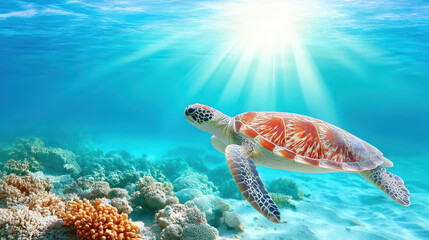 Naklejka premium Vibrant sea turtle glides gracefully through clear blue waters, surrounded by colorful coral reefs. sunlight filters down, creating serene underwater scene filled with wild animals