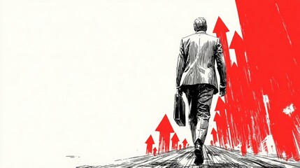 Black vector sketch of a businessman walking on arrows pointing upward, white background. Represents ambition, progress, and professional advancement.