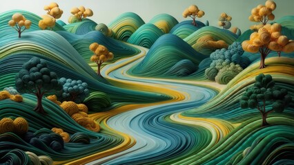 A vibrant stylized landscape depicts rolling hills and a winding river with stylized trees