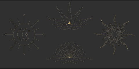 Sun line boho sunrise gold logo icon art moon sunburst create a soft graphic. It forms a symbol for yoga and beach style. A modern celestial emblem.