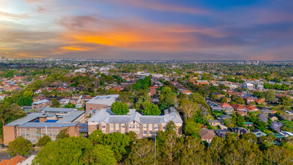 Fototapeta premium Aerial Panorama Drone View of a inner western Sydney Suburb of Ashbury Urban Sprawl and the terracotta roof tops streets and trees of Suburban Sydney NSW Australia