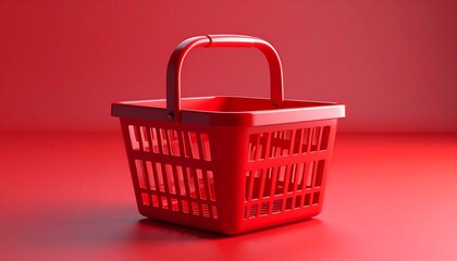 Fototapeta premium Red plastic shopping basket on red surface and background, angled view, minimal monochrome composition.