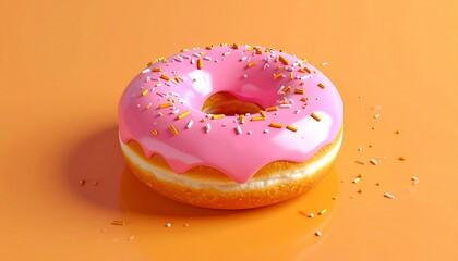 Pink-iced donut with colorful sprinkles on smooth orange surface, glossy and vibrant food styling.