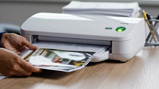 Person feeding document into white office machine on wooden desk
