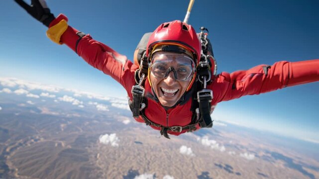 Smiling skydiver in red suit freefall, arms outstretched over sunlit clouds and mountain ridges, clear goggles and helmet reflecting blue sky, harness