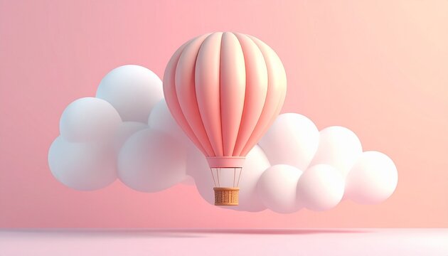 Pastel hot air balloon with pink-white panels floating among fluffy clouds in dreamy pink sky. - Powered by Adobe