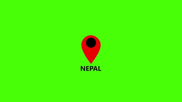 Red location pin marker with N E P A L text on vibrant green screen background for easy