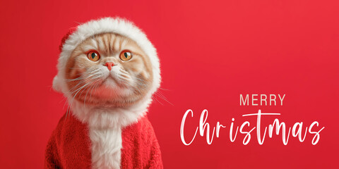 Merry Christmas concept holiday vacation winter greeting card with text - Cute santa claus cat with santa hat, isolated on red background