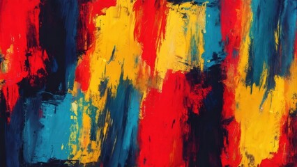 Abstract, vibrant painting with bold brushstrokes of red, yellow, blue, and dark tones