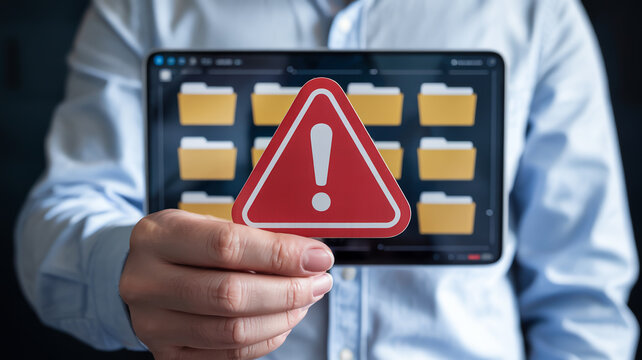 Warning sign held in front of computer screen showing folders