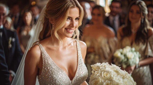 Smiling white bride holding bouquet during outdoor ceremony surrounded by well-dressed guests, golden sunlight, sequined gown, delicate veil, candid close-up