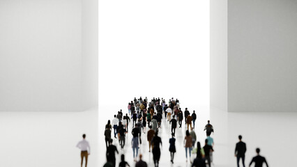 Crowd of people walking towards a bright light at the end of a white corridor